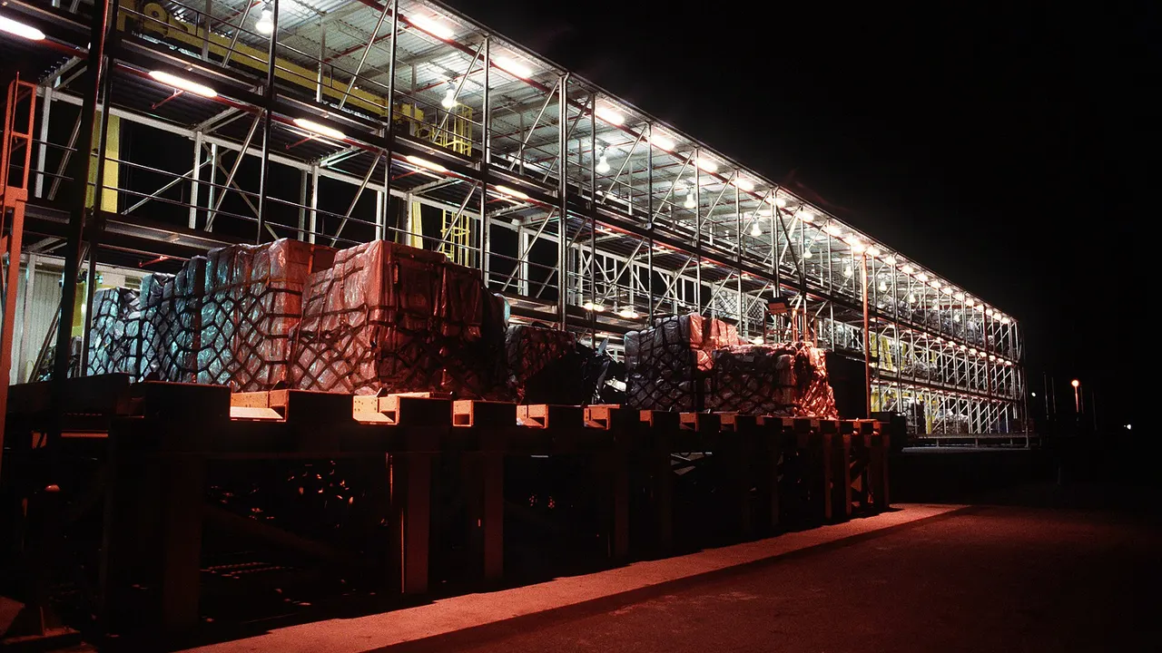 Pallets wrapped in red plastic sit on a raised metal rack beside a well-lit, multi-level steel structure at night.