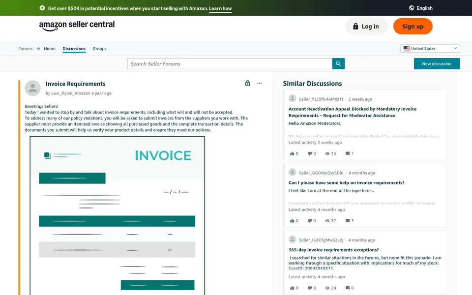 Amazon Seller Central community forum page showing an Invoice Requirements thread with a sample invoice graphic and similar discussions listed.